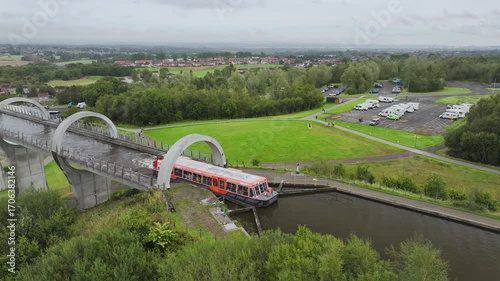 Falkirk Wheel from a drone, Forth and Clyde Canal, Falkirk, Scotland, UK