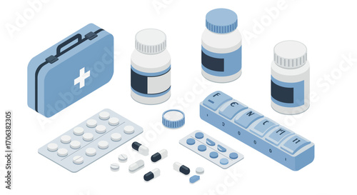 Isometric medical supplies and medication organizer in blue tones