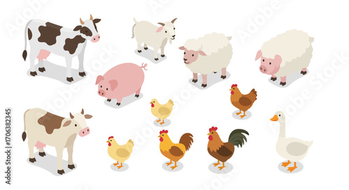 Isometric farm animals collection with cows, chickens, pigs, goats, sheep, an…