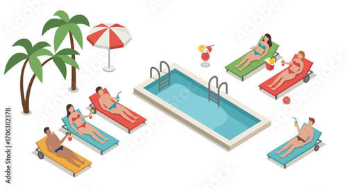 Relaxing poolside: isometric summer scene with sunloungers and drinks