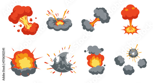 Various cartoon explosions and smoke elements set on white background