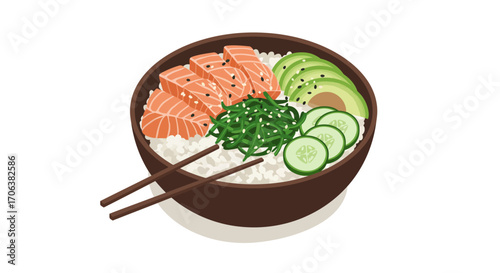 Delicious poke bowl with salmon, avocado, seaweed, cucumber and rice in flat…