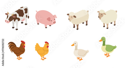 Farm animals collection: cow, pig, sheep, chicken, duck in flat style