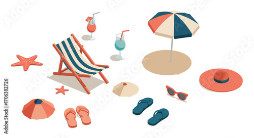 Isometric summer beach set with parasol, deck chair, and refreshing drinks