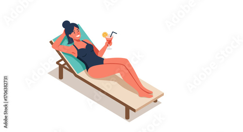 Isometric woman relaxing on beach lounger with cocktail in hand on a sunny day