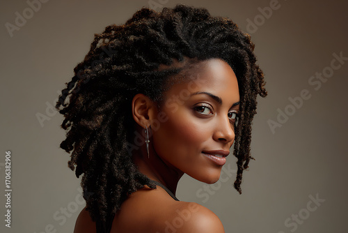 African woman with natural textured dreadlock hairstyle, elegant fashion portrait, glowing skin, confident expression, stylish jewelry earring, neutral studio background