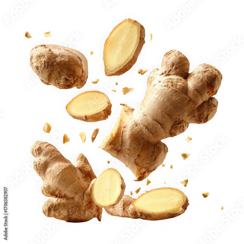 Fresh ginger root and slices levitating in mid air isolated on transparent background