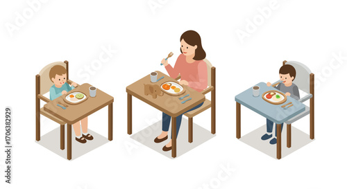 Family mealtime with kids at table in isometric style