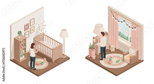 Cozy isometric nursery room with parents and baby in pastel colors