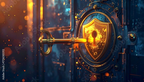 Golden key opens a glowing safe