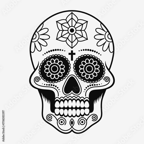 Black and white sugar skull with ornaments