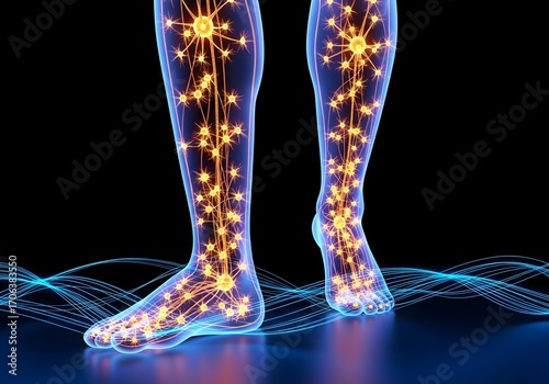 Translucent Legs: Bioluminescent Anatomy with Electric Blue Aura and Neural Starbursts in Deep Purple, Illuminated by Reflective Energy, A Powerful Sci-Fi Vision!