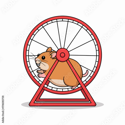 Hamster Running in Wooden Wheel Vector Illustration