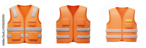 Set Blaze Orange Safety Vests with Reflective Stripes Isolated | Industrial Safety Gear Design | Concept of Workplace Safety, Product Mockups, Equipment Catalogs