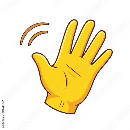 Cartoon yellow hand waving hello or goodbye with motion lines on white background