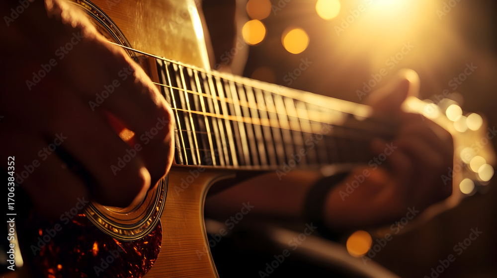 Obraz premium Close up of musician's hand playing guitar under warm lighting