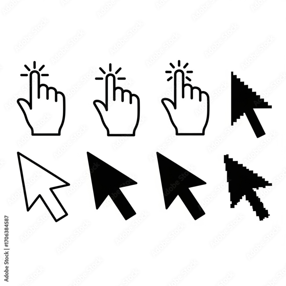 Fototapeta premium Collection of various cursor icons representing click and selection actions online