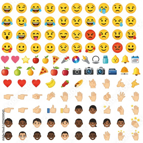 Collection of diverse emoji icons expressing various emotions and common objects