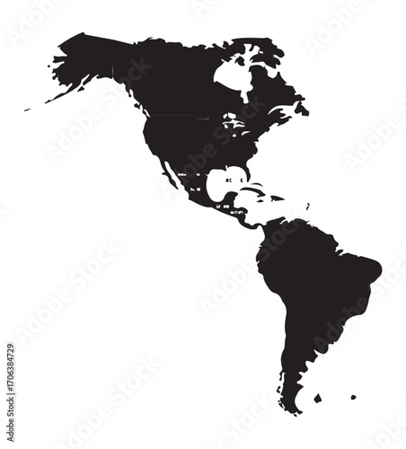 Americas Continent Silhouette Map Vector, North & South America in Black Outline