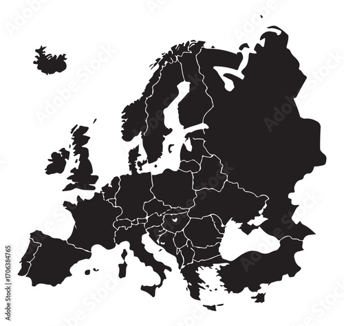 Europe Map Silhouette Vector, Detailed Political Outline of the European Continent