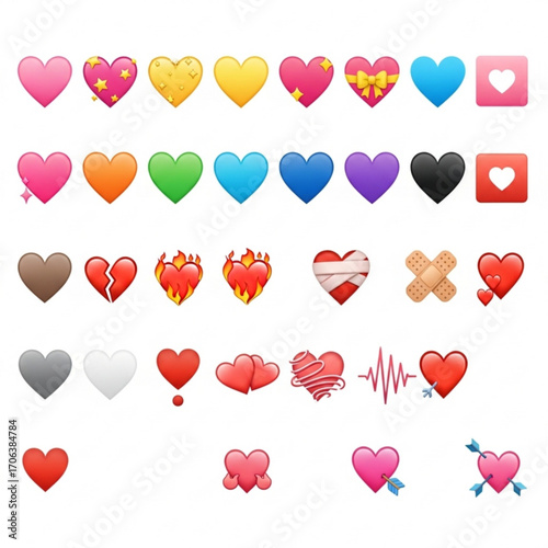 Collection of heart emojis in various colors and styles on a white background