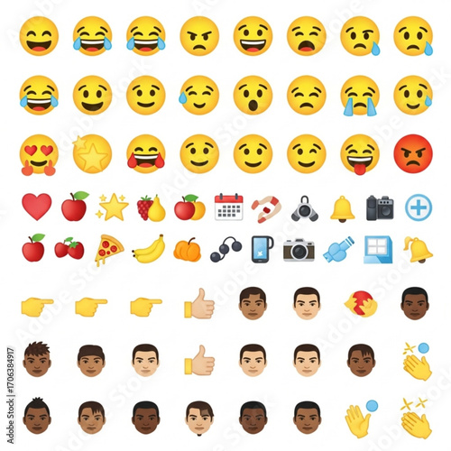 Collection of diverse emoji icons expressing various emotions and common objects