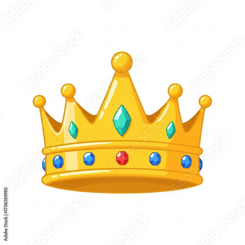 Cartoon golden crown adorned with colorful jewels isolated on a white background