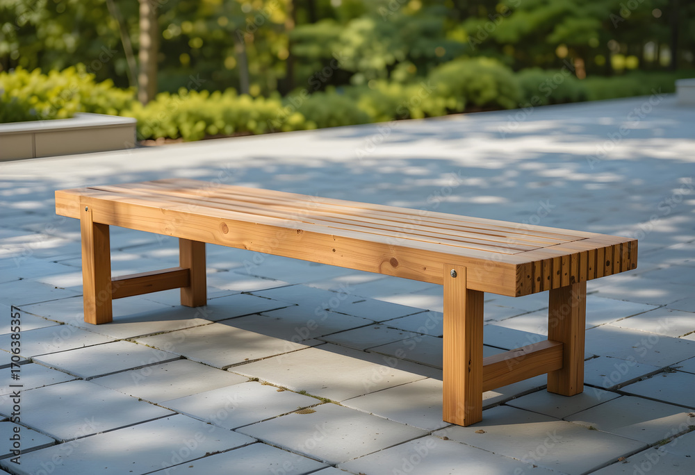 Fototapeta premium Minimalist Wooden Bench in Outdoor Garden Setting Modern Slatted Design on Paved Surface with Greenery 