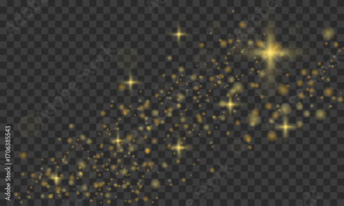 Golden Sparkle Dust Light Overlay. Festive Glow and Glitter Texture for Design. Vector Illustration.