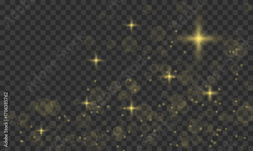 Golden Sparkle Dust Light Overlay. Festive Glow and Glitter Texture for Design. Vector Illustration.