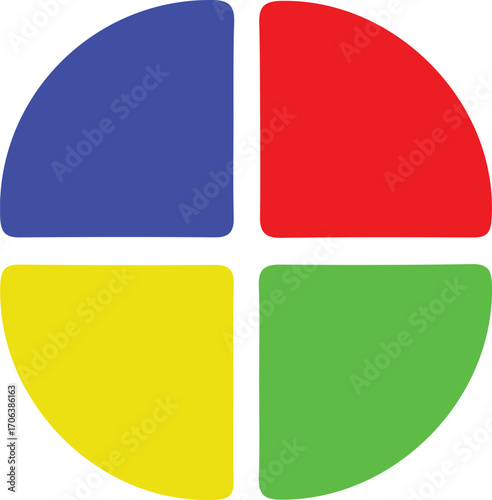 Abstract circular design featuring four quadrants in primary and secondary colors