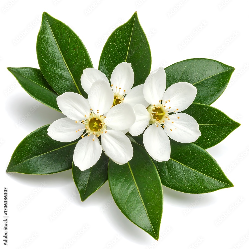 Fototapeta premium White flowers and leaves on white background
