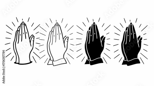 Hands clasped in prayer in black and white line art style with radiating lines