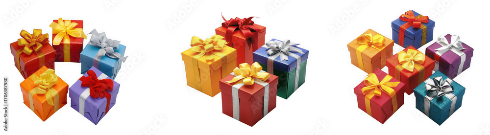 Fototapeta premium A collection of colorful gift boxes with ribbons and bows, isolated on transparent background