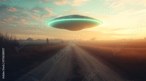 Futuristic ufo hovering over dusty rural road at sunset