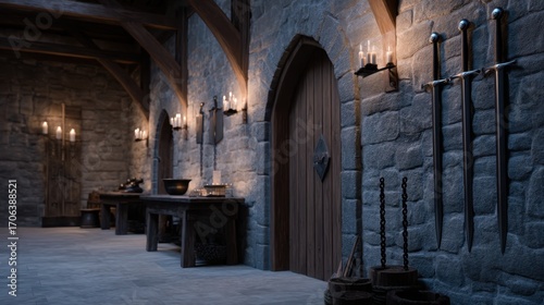 Dark Hall of Weapons in a Castle Armoury with Axes and Swords in Historical Setting