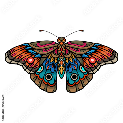Colorful Moth head mandala arts isolated on white background