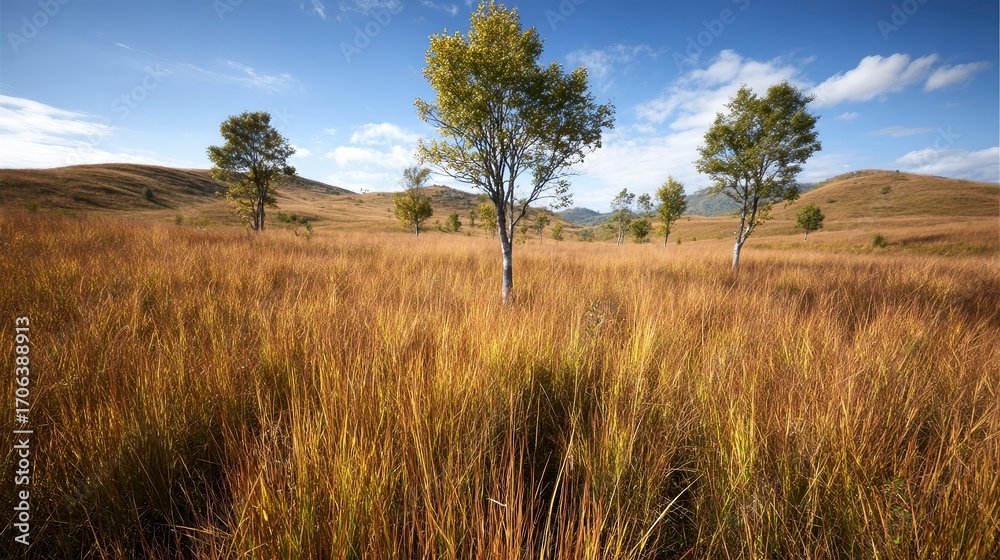 Fototapeta premium A serene landscape depicts tall golden grass swaying gently under a clear blue sky with scattered trees dotting the hillside, Ideal for nature-oriented projects, advertising, or calming backgrounds,
