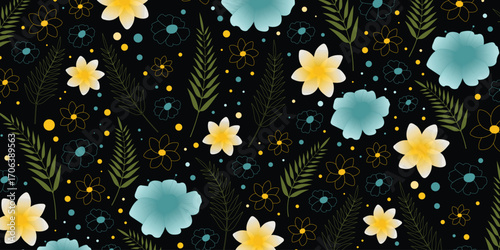 Abstract floral pattern featuring yellow and teal flowers scattered amidst green foliage on a isolated on black background