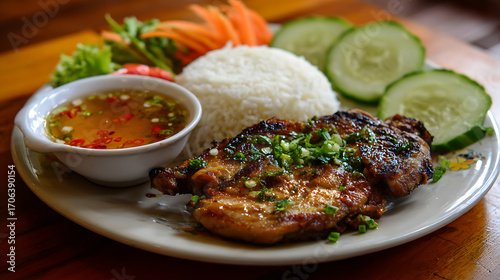  A plate of Com tam - broken rice with a barbecued pork chop, a famous dish in Saigon 