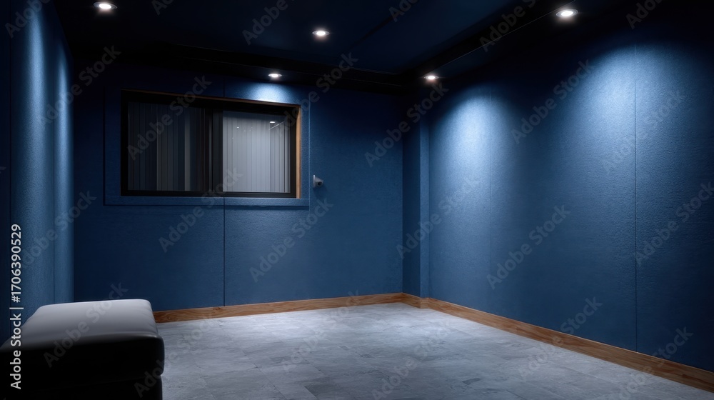 Fototapeta premium Deep Blue Interior Space Lit by Tiny Red LEDs with a Modern Aesthetic