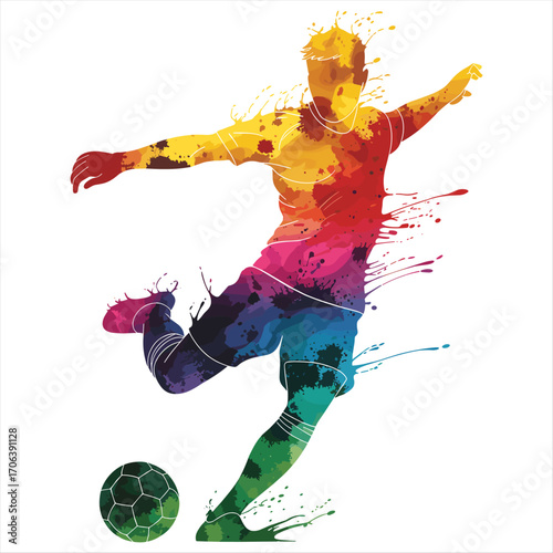 Vibrant rainbow splash soccer player kicking ball dynamic action sport art illustration