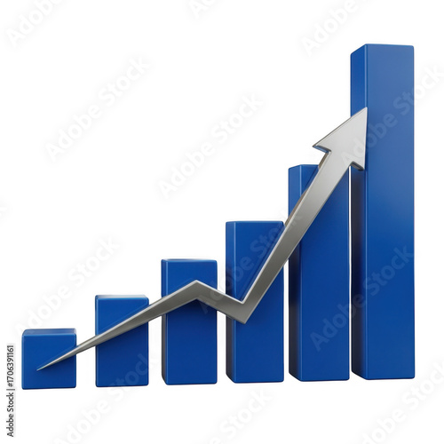 3d bar graph with upward trend arrow demonstrating business growth and financial success transparent background