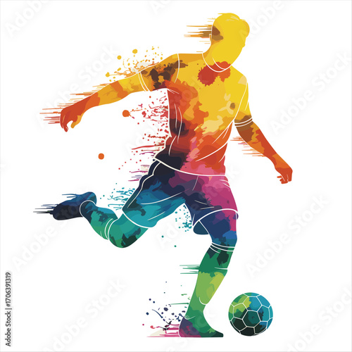 Dynamic soccer player kicking ball artistic splatter watercolor design illustration