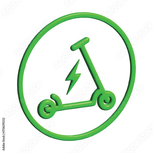 3d Electric scooter. Icon of electro bike. Logo for rental. Electric scooter isolated on white background. Eco transport with charge sign. 3D Green e-scooter for mobility of ride. Vector EPS 10