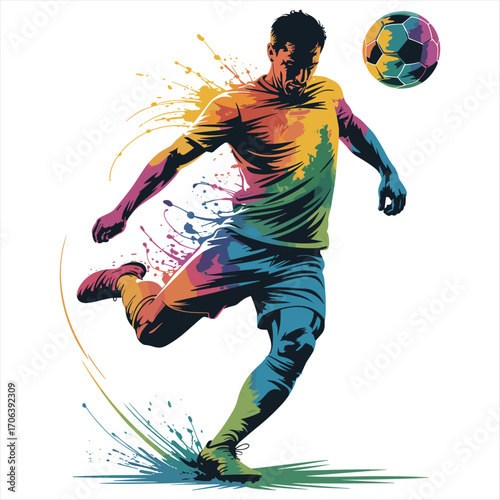 Dynamic colorful soccer player kicking ball in energetic abstract splash art style illustration