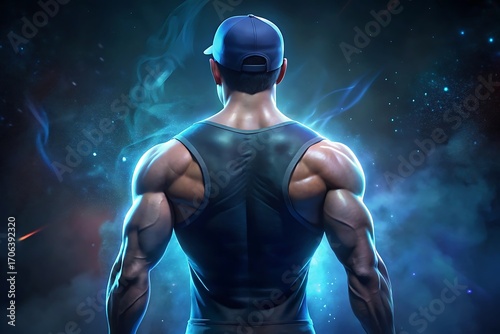 Young male athlete bodybuilder posing and doing sports exercises in the gym