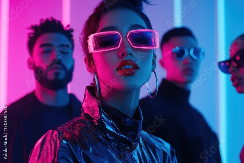 A stylish group of four individuals with vibrant neon lighting, showcasing modern fashion and bold accessories.