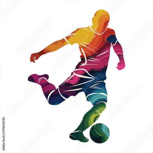 Dynamic soccer player kicking ball with vibrant watercolor splash artistic style illustration