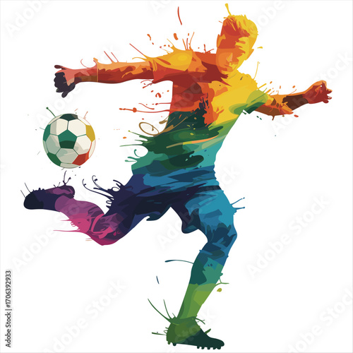 Dynamic soccer player kicking ball abstract splash art vibrant colors illustration